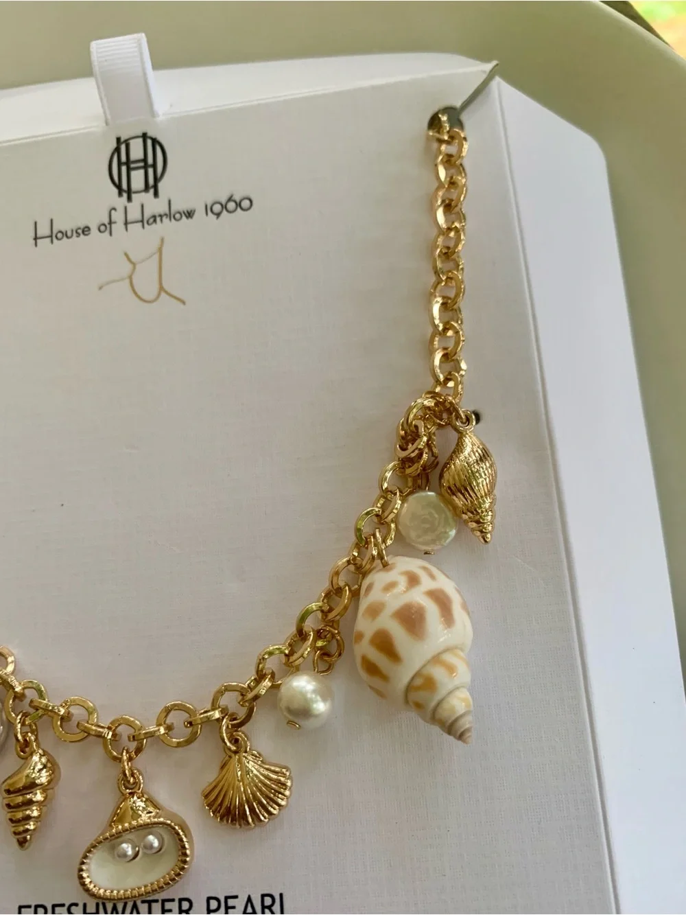 House of Harlow 1960 Gold Shell & Pearl Charm Statement Necklace